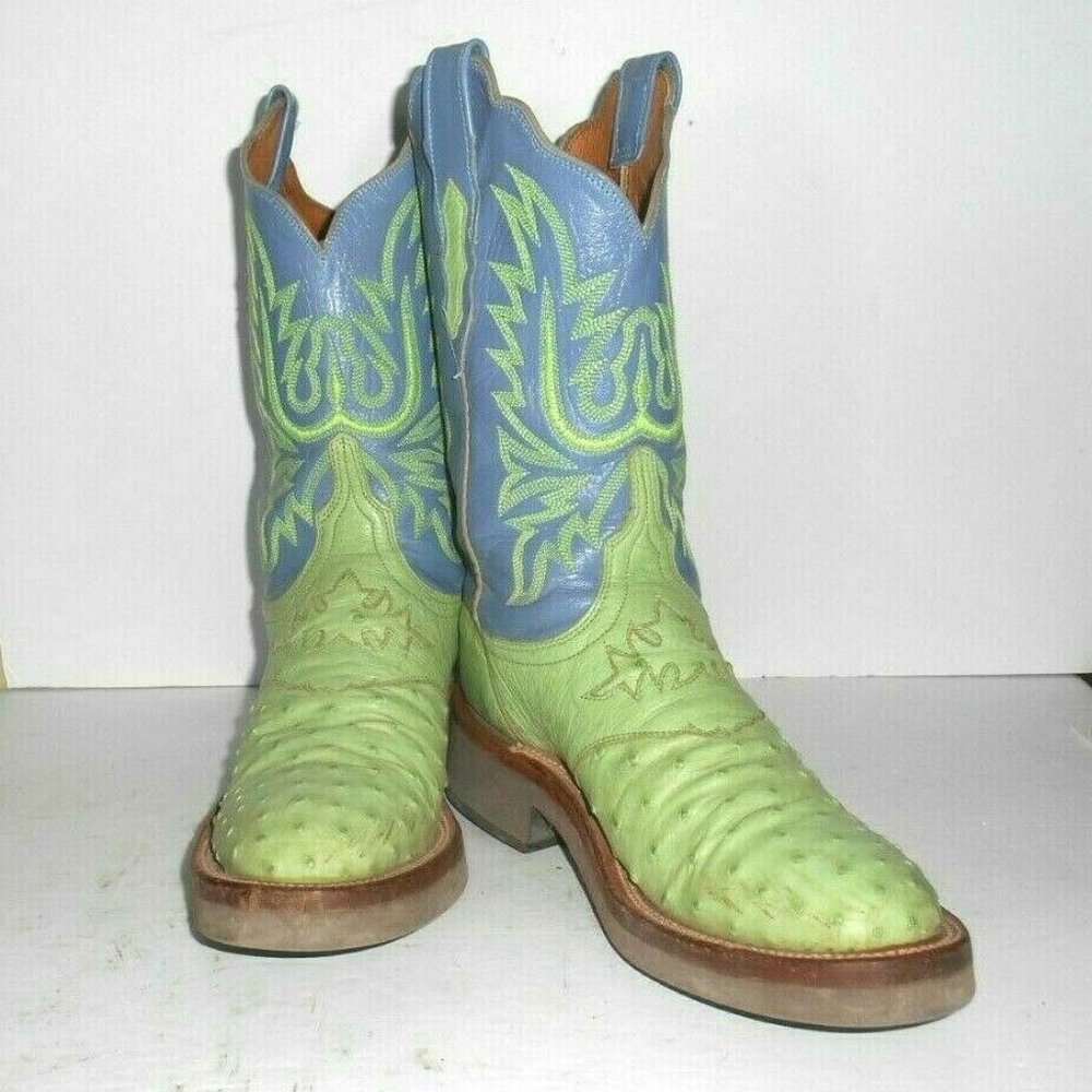 8.5 B Lucchese 2000 Pistachio & Wedgewood Full Quill Ostrich, Crepe sole Boots.